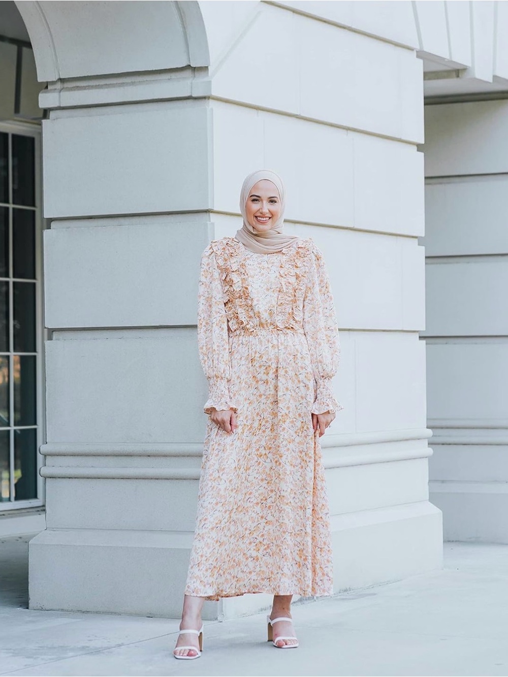 Modest Floral Ruffle Maxi Dress in Blush